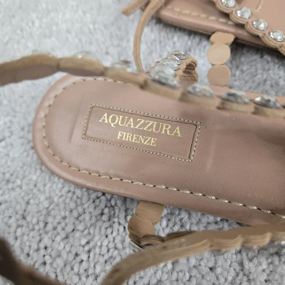 Aquazzura Tequila Crystal-Embellished Leather Flat Sandals Beige Sz 39.5 US 9.5